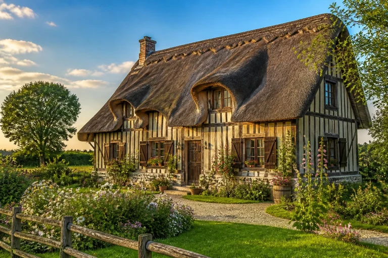 Chaumiere normande au coucher du soleil