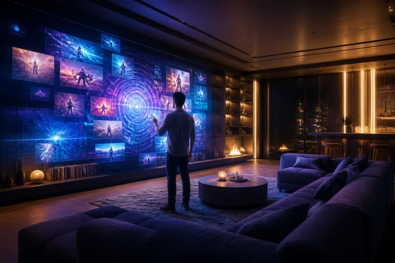 Interface holographique immersive dans un salon moderne