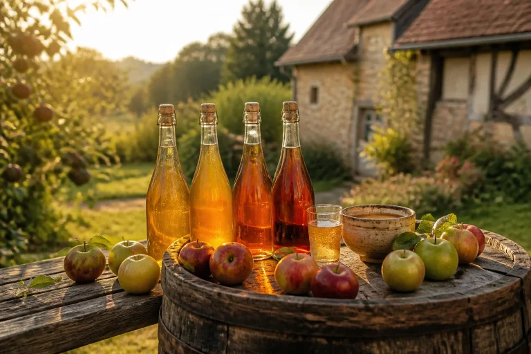 Cidre normand artisanal au soleil couchant