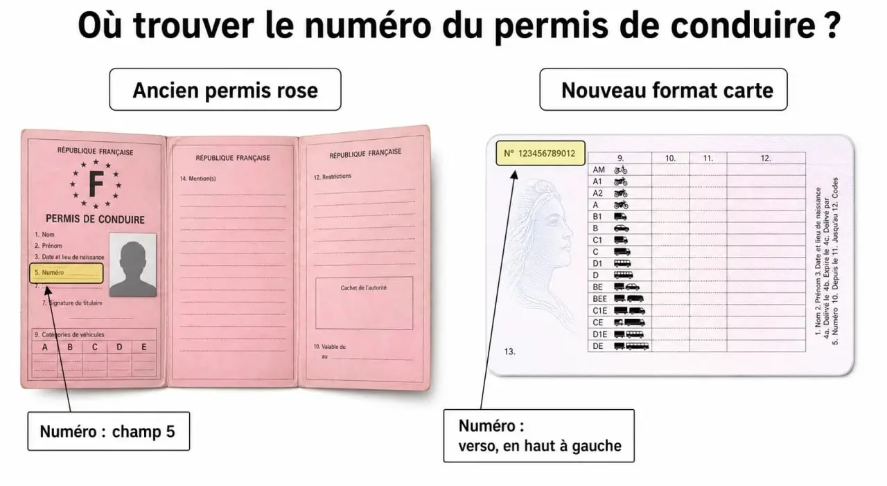 Numéro permis de conduire : emplacement sur l’ancien permis rose et sur le nouveau format carte bancaire