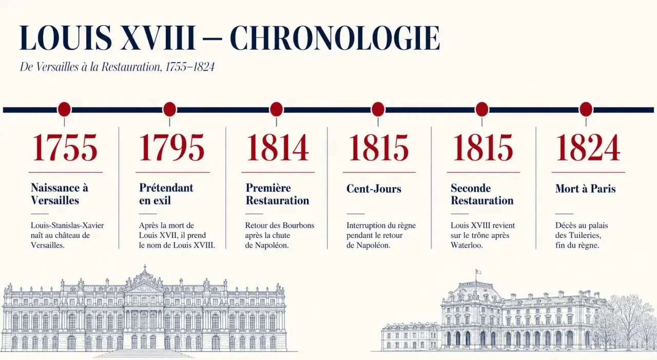 Louis 18 : frise chronologique des dates clés de sa vie et de son règne