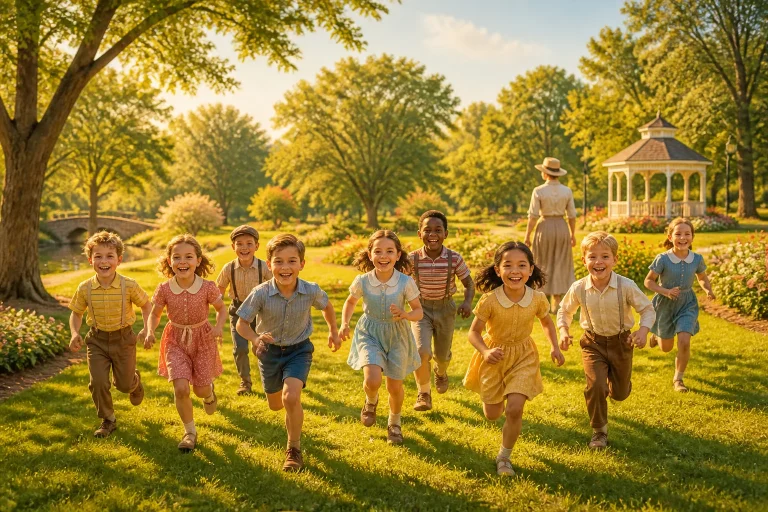 Enfants joyeux courant dans un parc ensoleille