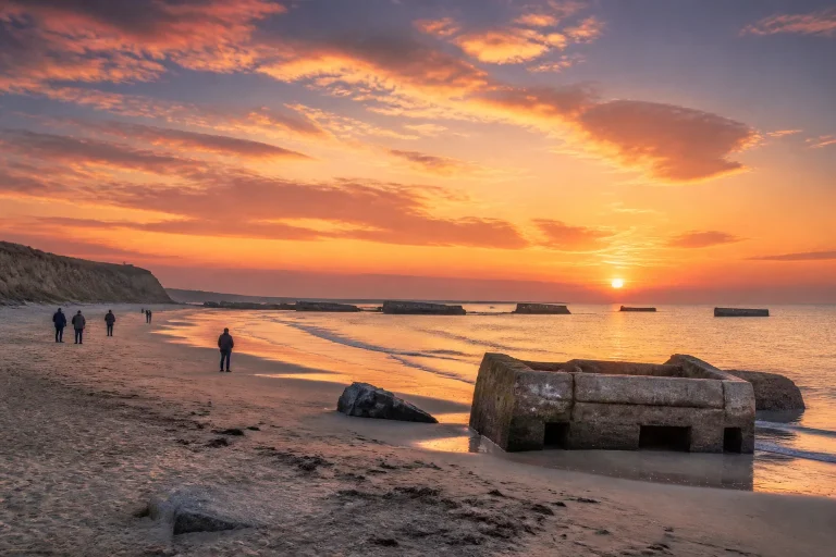 Plage du debarquement au coucher du soleil